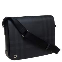 Pre Owned Burberry Dark Charcoal Beat Check PVC and Leather Messenger Bag
