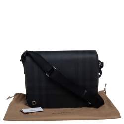 Pre Owned Burberry Dark Charcoal Beat Check PVC and Leather Messenger Bag