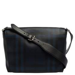 Pre Owned Burberry Black/Blue Check PVC and Leather Large Burleigh Messenger Bag
