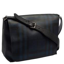 Pre Owned Burberry Black/Blue Check PVC and Leather Large Burleigh Messenger Bag