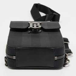 Burberry Black Motif Charcoal Monogram Check Coated Canvas and Leather Theo Crossbody Bag 
