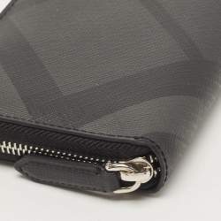 Burberry Charcoal London Check Coated Canvas Zip Around Continental Wallet