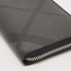 Burberry Charcoal London Check Coated Canvas Zip Around Continental Wallet