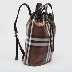 Burberry Dark Birch Brown Check Coated Canvas and Leather Drawcord Backpack