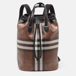 Burberry Dark Birch Brown Check Coated Canvas and Leather Drawcord Backpack