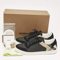 Burberry Black/Beige Leather and House Check Canvas Low Top Sneakers Size 43