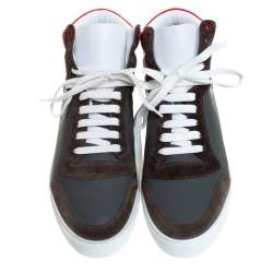 Pre Owned Burberry Grey/Red Leather and Suede Reeth High Top Sneakers Size 45