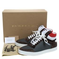 Pre Owned Burberry Grey/Red Leather and Suede Reeth High Top Sneakers Size 45