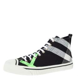 Burberry Black/Fluorescent Green Check Canvas Mid-Top Sneakers Size 41.5