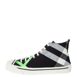 Burberry Black/Fluorescent Green Check Canvas Mid-Top Sneakers Size 41.5
