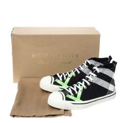 Burberry Black/Fluorescent Green Check Canvas Mid-Top Sneakers Size 41.5