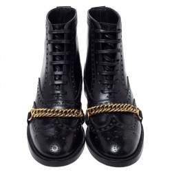 Pre Owned Burberry Black Brogue Leather Barksby Chain Detail Ankle Boots Size 40.5