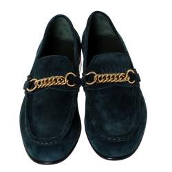 Burberry Green Suede Solway Chain Detail Slip On Loafers Size 44.5