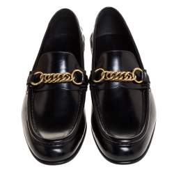 Burberry Black Leather Solway Chain Detail Slip On Loafers Size 44.5