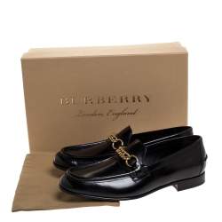 Burberry Black Leather Solway Chain Detail Slip On Loafers Size 44.5