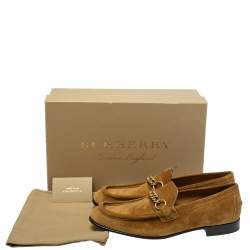 Burberry Brown Suede Leather Solway Chain Detail Slip On Loafers Size 44.5