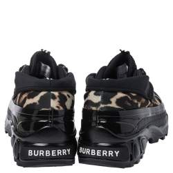 Burberry Black Mesh And Leopard Print Satin Arthur Low Top Sneakers Size 43.5