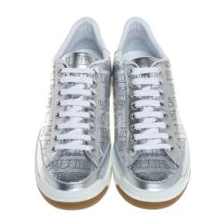 Pre Owned Burberry Metallic Silver Perforated Leather Timsbury Low Top Sneakers Size 42