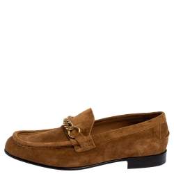 Burberry Brown Suede Leather Solway Chain Detail Slip On Loafers Size 43