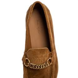 Burberry Brown Suede Leather Solway Chain Detail Slip On Loafers Size 43