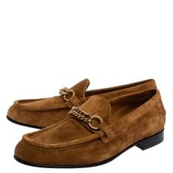 Burberry Brown Suede Leather Solway Chain Detail Slip On Loafers Size 43