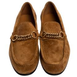 Burberry Brown Suede Leather Solway Chain Detail Slip On Loafers Size 43
