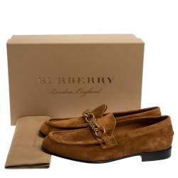 Burberry Brown Suede Leather Solway Chain Detail Slip On Loafers Size 43