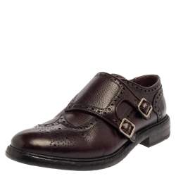 Burberry Burgundy Brogue Leather Delmar Asymmetric Monk Derby Size 41.5