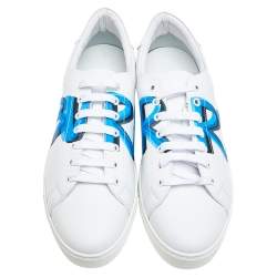Pre Owned Burberry White/Blue Graffiti Print Leather Low Top Sneakers Size 45