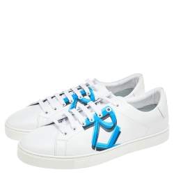 Pre Owned Burberry White/Blue Graffiti Print Leather Low Top Sneakers Size 45
