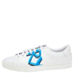 Pre Owned Burberry White/Blue Graffiti Print Leather Low Top Sneakers Size 45
