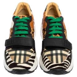 Burberry Multicolor Animal Print Calf Hair And Vintage Check Coated Canvas Ramsey Sneakers Size 39.5