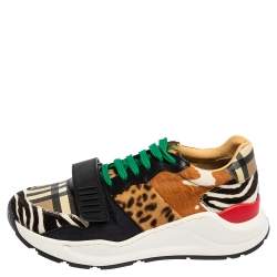 Burberry Multicolor Animal Print Calf Hair And Vintage Check Coated Canvas Ramsey Sneakers Size 39.5
