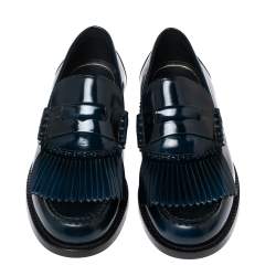 Pre Owned Burberry Navy Blue Leather Fringe Detail Penny Loafers Size 44 