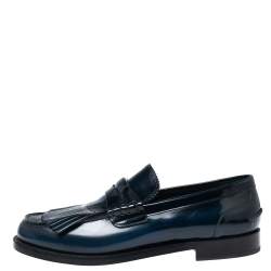 Pre Owned Burberry Navy Blue Leather Fringe Detail Penny Loafers Size 44 