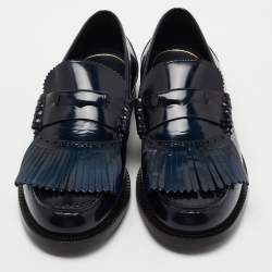 مملوكة مسبقًا Burberry Navy Blue Patent Leather Bedmoore Fringe Detail Penny Loafers Size 44