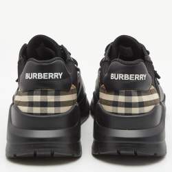 Pre Owned Burberry Black Mesh and Leather Ramsey Check Low Top Sneakers Size 42 