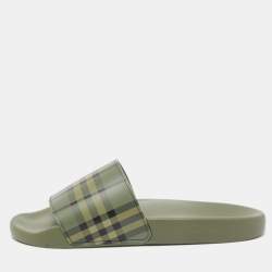 Burberry Green MGCheck Rubber Furley Flat Slides Size 44 