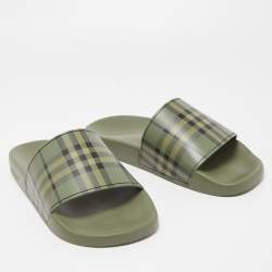 Burberry Green MGCheck Rubber Furley Flat Slides Size 44 