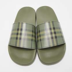 Burberry Green MGCheck Rubber Furley Flat Slides Size 44 