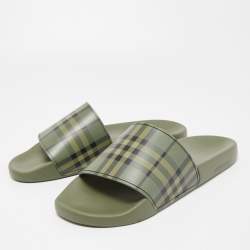Burberry Green MGCheck Rubber Furley Flat Slides Size 44 