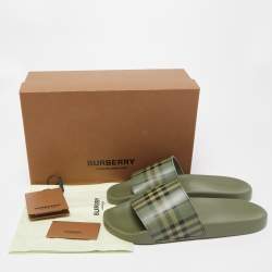 Burberry Green MGCheck Rubber Furley Flat Slides Size 44 