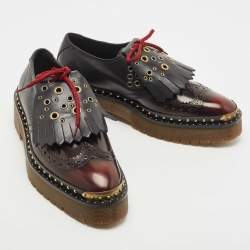 Pre Owned Burberry Black/Burgundy Brogue Leather Bissett Fringe Detail Lace Up Platform Derby Size 40