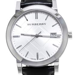 Pre Owned Burberry Silver Stainless Steel Leather The City BU9008 Men's Wristwatch 38 mm