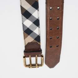 Burberry Brown/Beige Nova Check Canvas and Leather Buckle Belt 90CM
