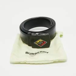 Pre Owned Burberry Black Coated Canvas and Leather TB Logo Plague Belt 90CM