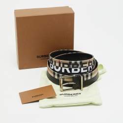 Pre Owned Burberry Black/Beige Housecheck Fabric and Leather Logo Buckle Belt 105CM