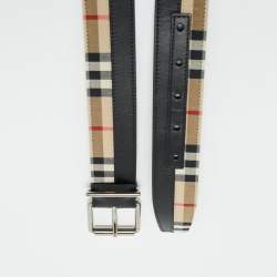 Pre Owned Burberry Black/Beige Housecheck Fabric and Leather Logo Buckle Belt 105CM