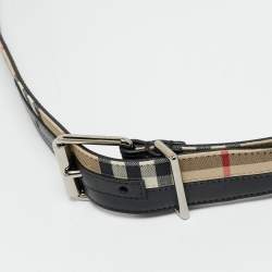 Pre Owned Burberry Black/Beige Housecheck Fabric and Leather Logo Buckle Belt 105CM