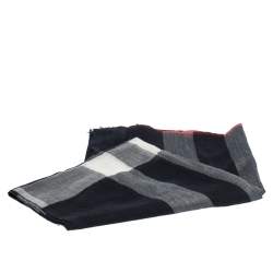 Burberry Navy Blue Checked Wool and Silk Fringed Edge Scarf